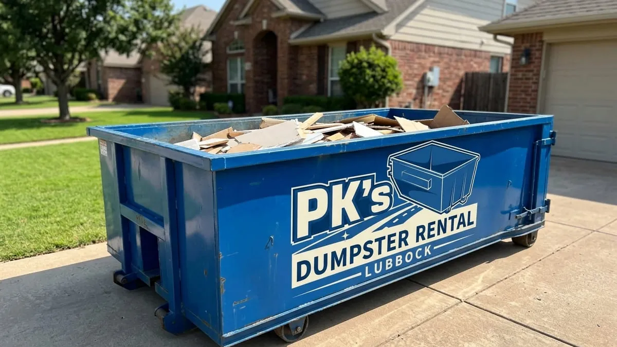 PK's Dumpster Rental crew standing with a roll-off truck and 30 yard dumpster in a Lubbock, TX driveway PK's Dumpster Rental crew standing with a roll-off truck and 30 yard dumpster in a Lubbock, TX driveway